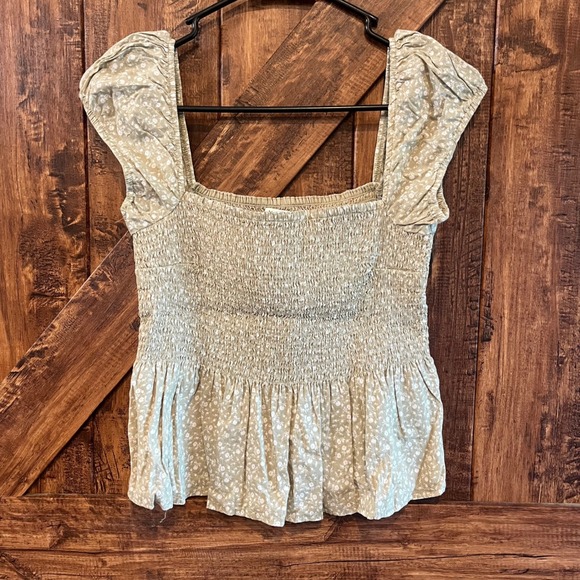 Abercrombie & Fitch Smocked Square Neck Floral Top Peplum Blouse Olive Small - Picture 1 of 6